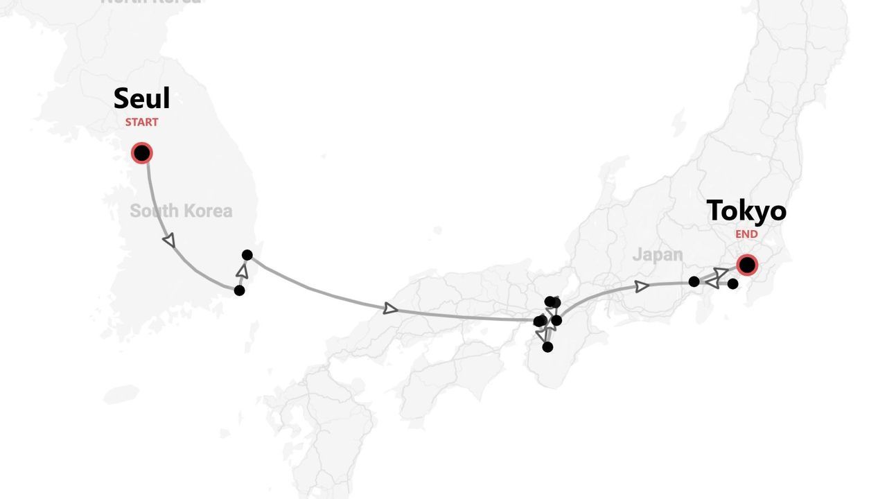 Una mappa che mostra un itinerario di viaggio da Seul, Corea del Sud a Tokyo, Giappone, con varie tappe indicate lungo il percorso.