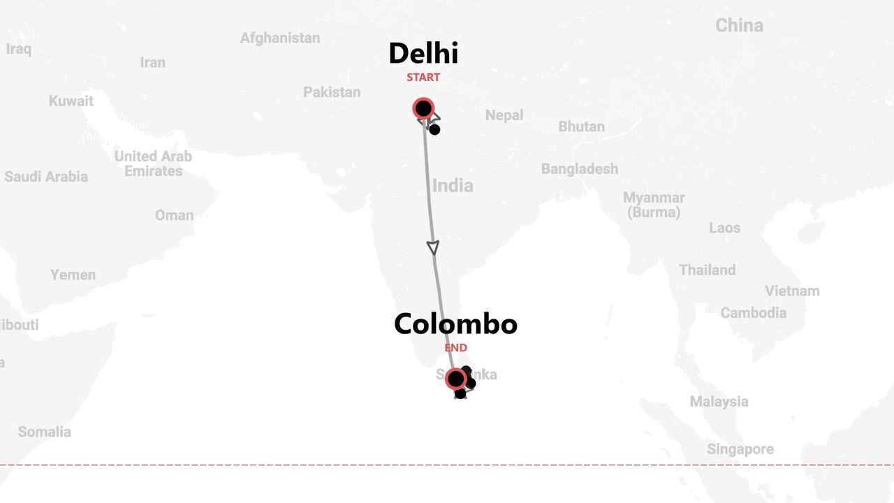 Mappa di un itinerario di viaggio con partenza da Delhi, India, e arrivo a Colombo, Sri Lanka.