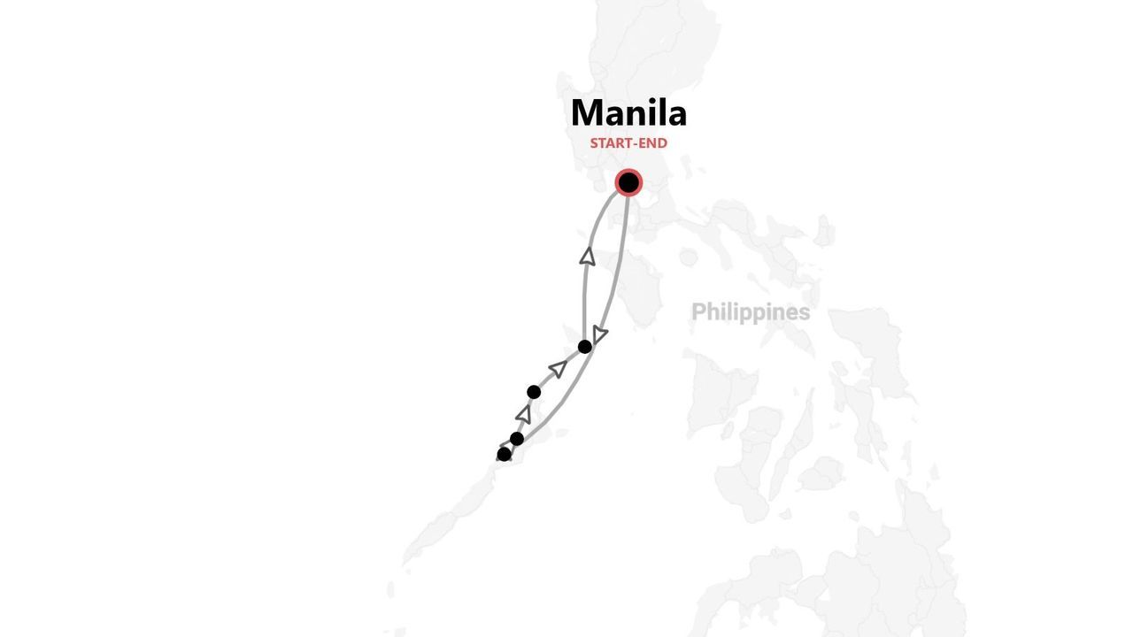 Una mappa delle Filippine che mostra un itinerario di viaggio con partenza e arrivo a Manila.