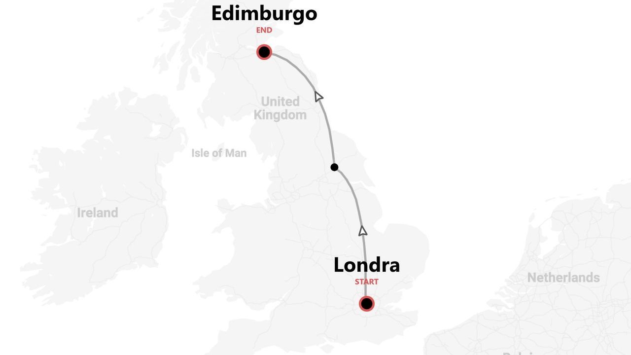 Mappa del Regno Unito: itinerario da Londra a Edimburgo.