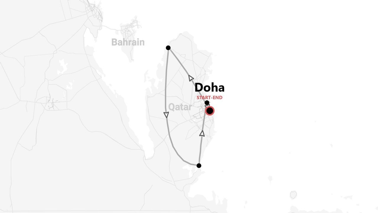 Mappa di un itinerario di viaggio in Qatar, con un percorso circolare che inizia e termina a Doha.
