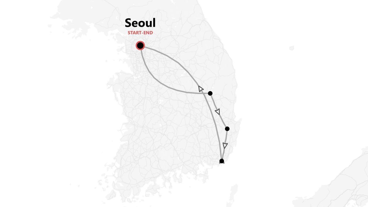 Una mappa della Corea del Sud con un itinerario di viaggio che inizia e finisce a Seoul, percorrendo la costa orientale.