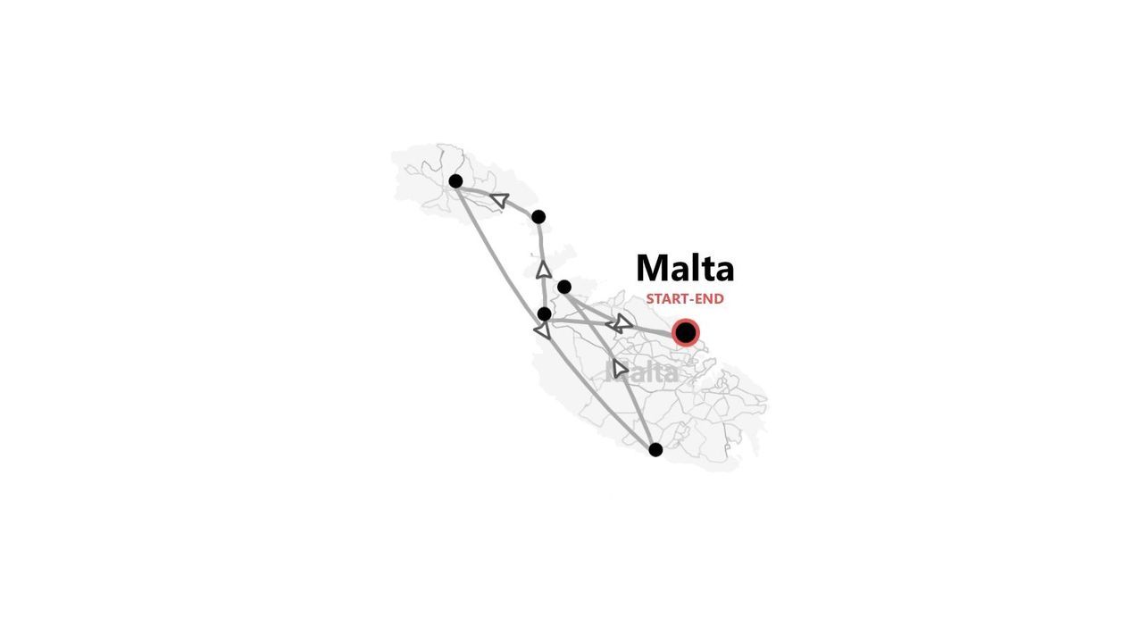 Mappa di Malta che mostra un itinerario di viaggio con punti di partenza e arrivo segnati in rosso.