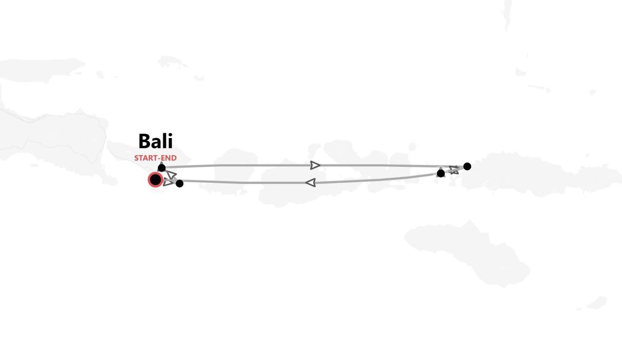 Mappa minimalista che illustra un itinerario di viaggio con partenza e arrivo a Bali, mostrando un percorso che collega ad altre isole vicine.