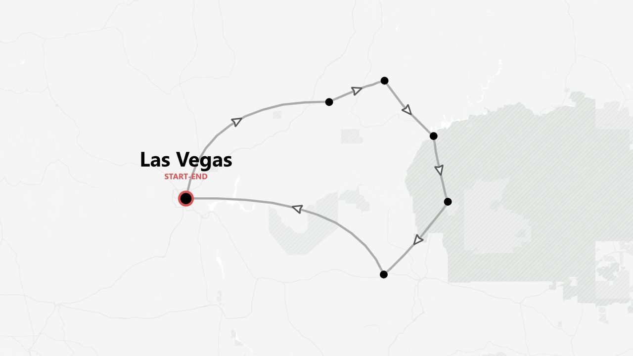 Una mappa minimalista che mostra un itinerario di viaggio ad anello, con inizio e fine a Las Vegas e diverse tappe segnate lungo il percorso.