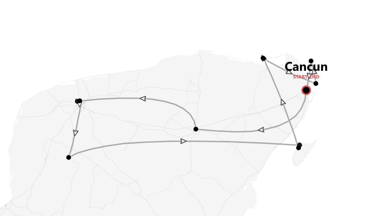 Una mappa che illustra un itinerario di viaggio di andata e ritorno, con partenza e arrivo a Cancún.