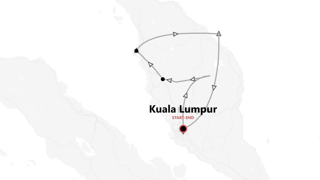 Carte minimaliste d'un itinéraire de voyage en Malaisie, avec départ et arrivée à Kuala Lumpur.
