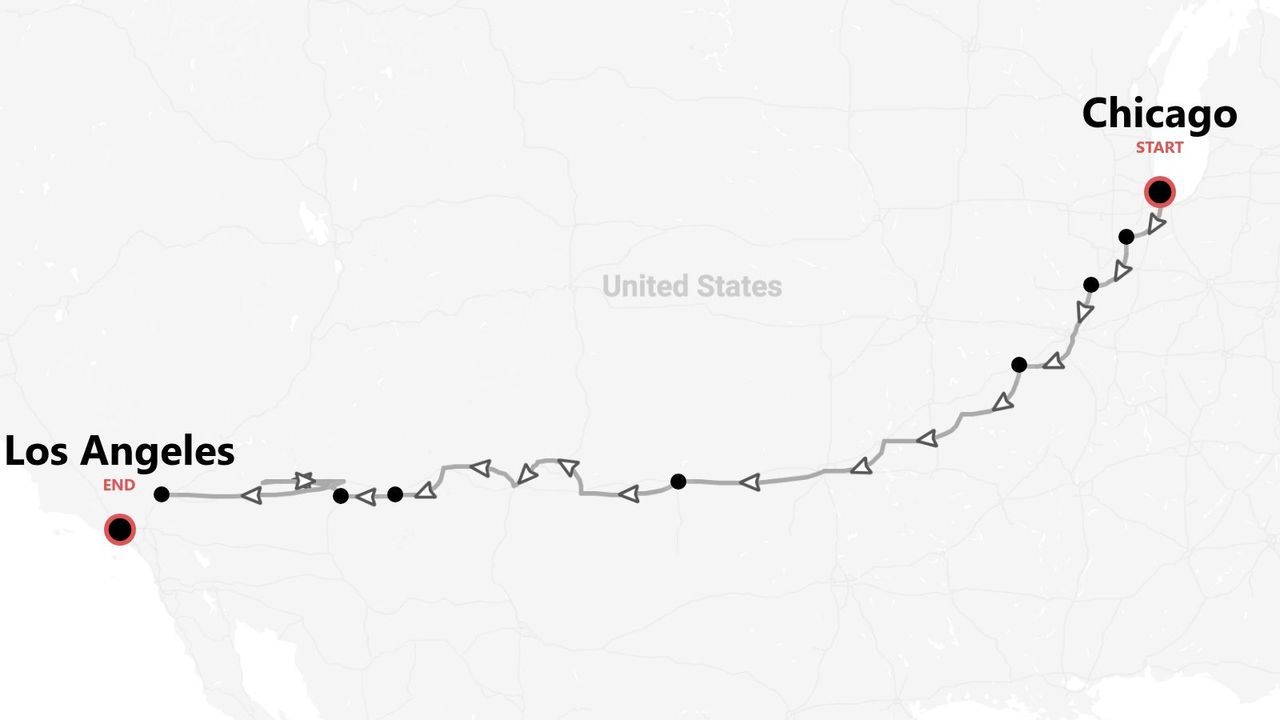 A map of the United States showing a travel route that starts in Chicago and ends in Los Angeles.