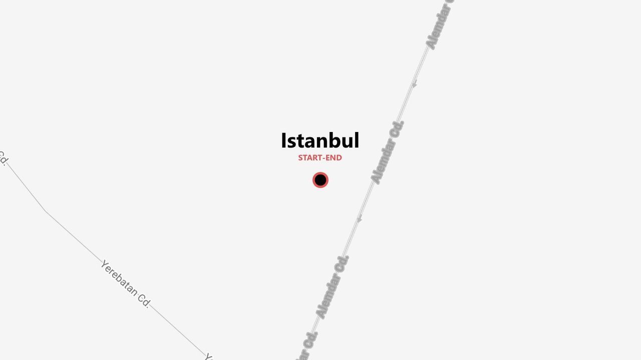 A simplified map of Istanbul showing a start and end point near Alemdar Cd. and Yerebatan Cd.
