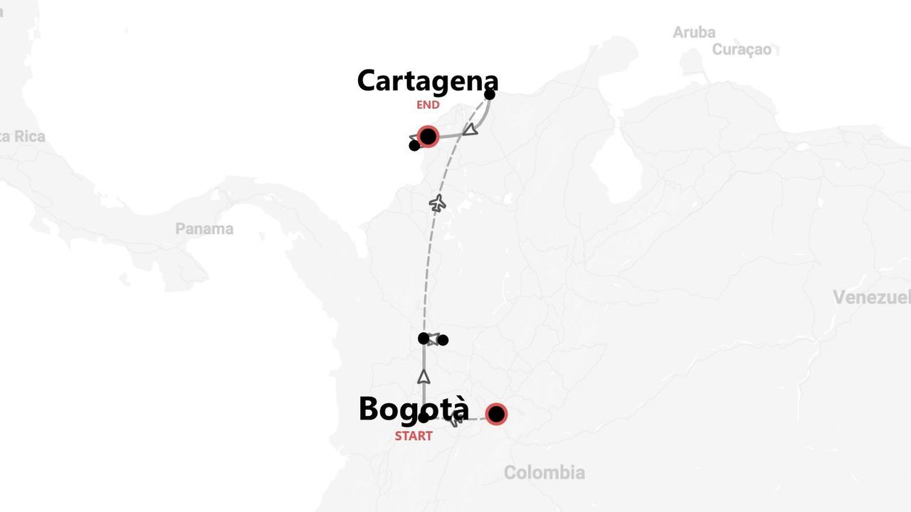 Reiseroute durch Kolumbien auf einer Karte, beginnend in Bogotá und endend in Cartagena.