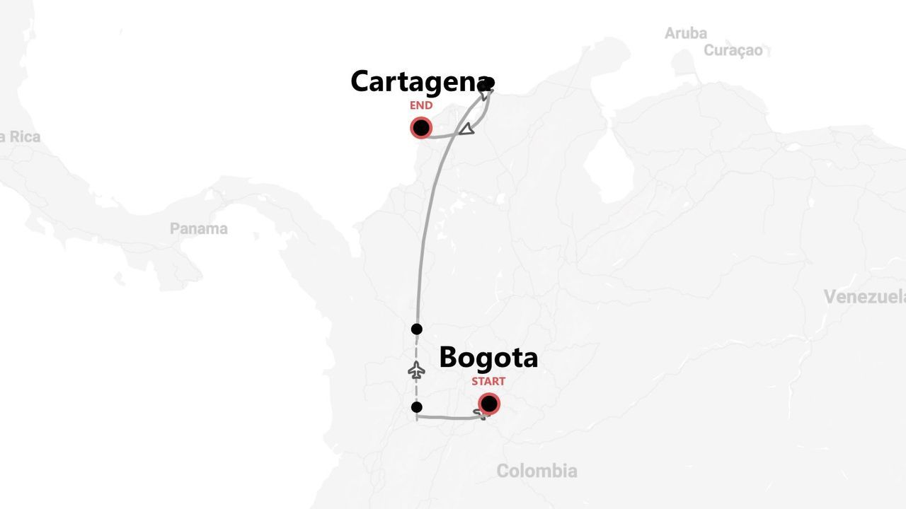 A map showing a travel itinerary in Colombia, starting in Bogota and ending in Cartagena, with the route marked by a line and icons.