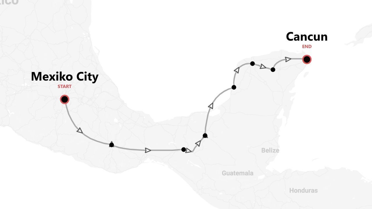 Eine Karte mit einer Reiseroute von Mexiko-Stadt nach Cancún, die Mexiko durchquert.
