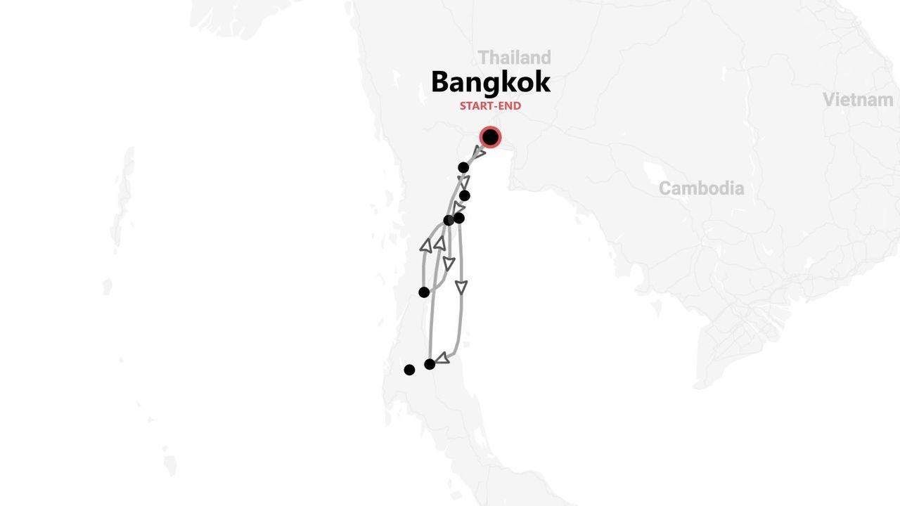 A map of Thailand showing a travel itinerary that starts and ends in Bangkok, with a route looping through the southern part of the country.