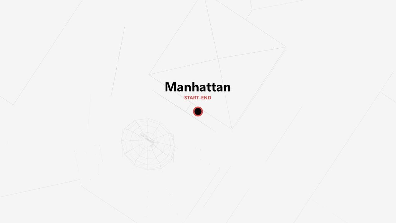 Una mappa minimalista che mostra Manhattan come punto di partenza e di arrivo per un percorso, indicato da un segnaposto.