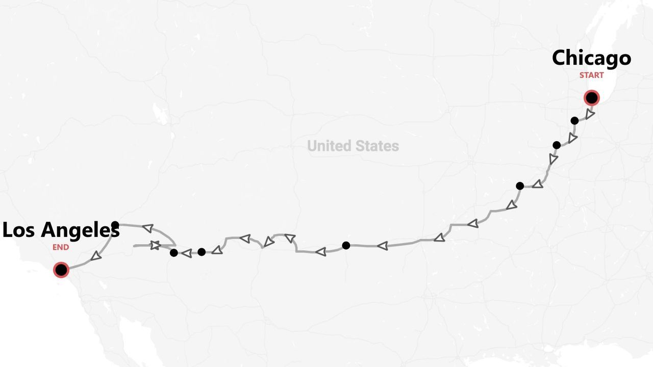 Mappa degli Stati Uniti con itinerario di viaggio da Chicago a Los Angeles.