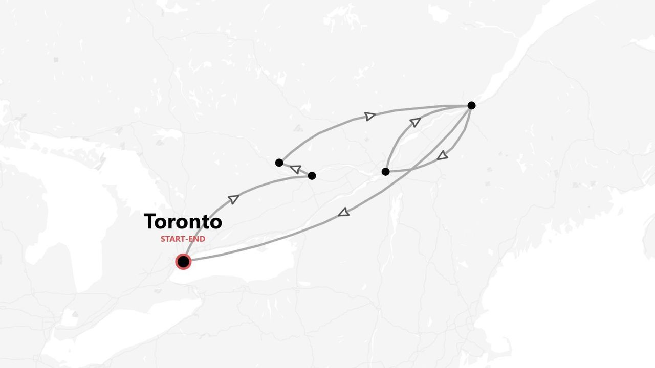A stylized map showing a travel itinerary with multiple stops, starting and ending in Toronto.