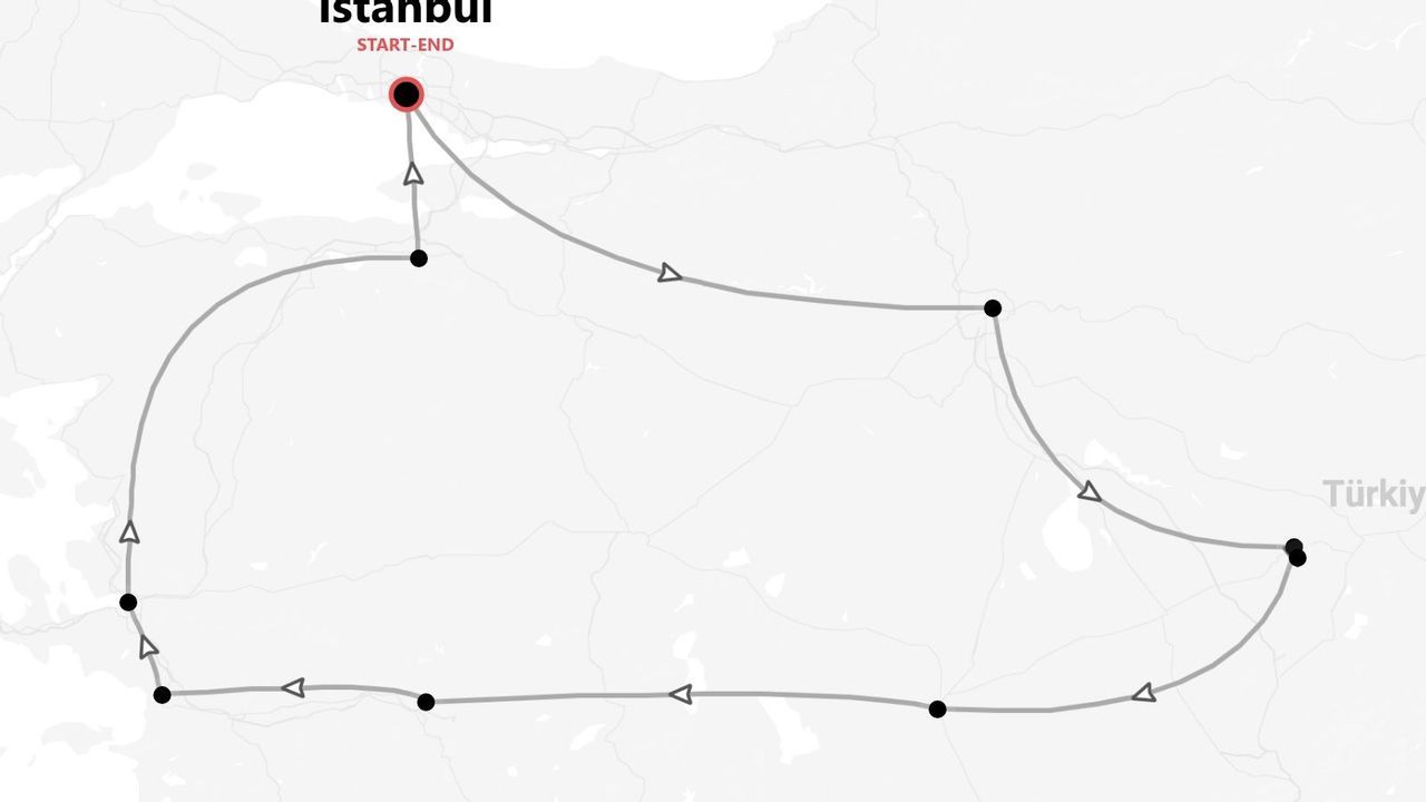 Una mappa minimalista della Turchia che mostra un itinerario di viaggio con inizio e fine a Istanbul.