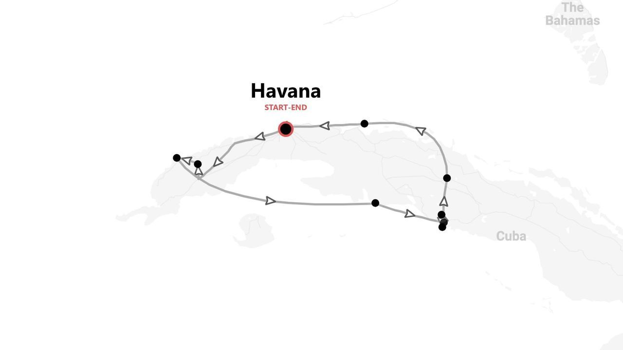 Una mappa che mostra un itinerario di viaggio attraverso Cuba. Il percorso inizia e finisce a L'Avana ed è segnato con una linea, frecce e punti.