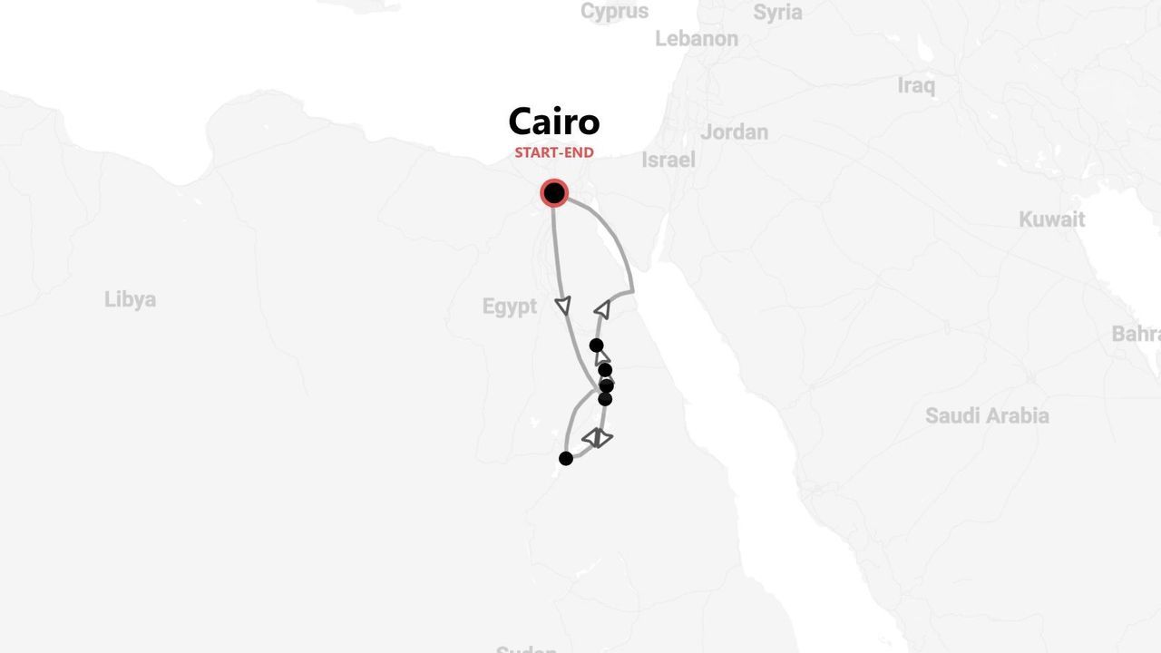 Une carte illustrant un itinéraire de circuit en Égypte, commençant et se terminant au Caire, et se dirigeant vers le sud selon un parcours en boucle.