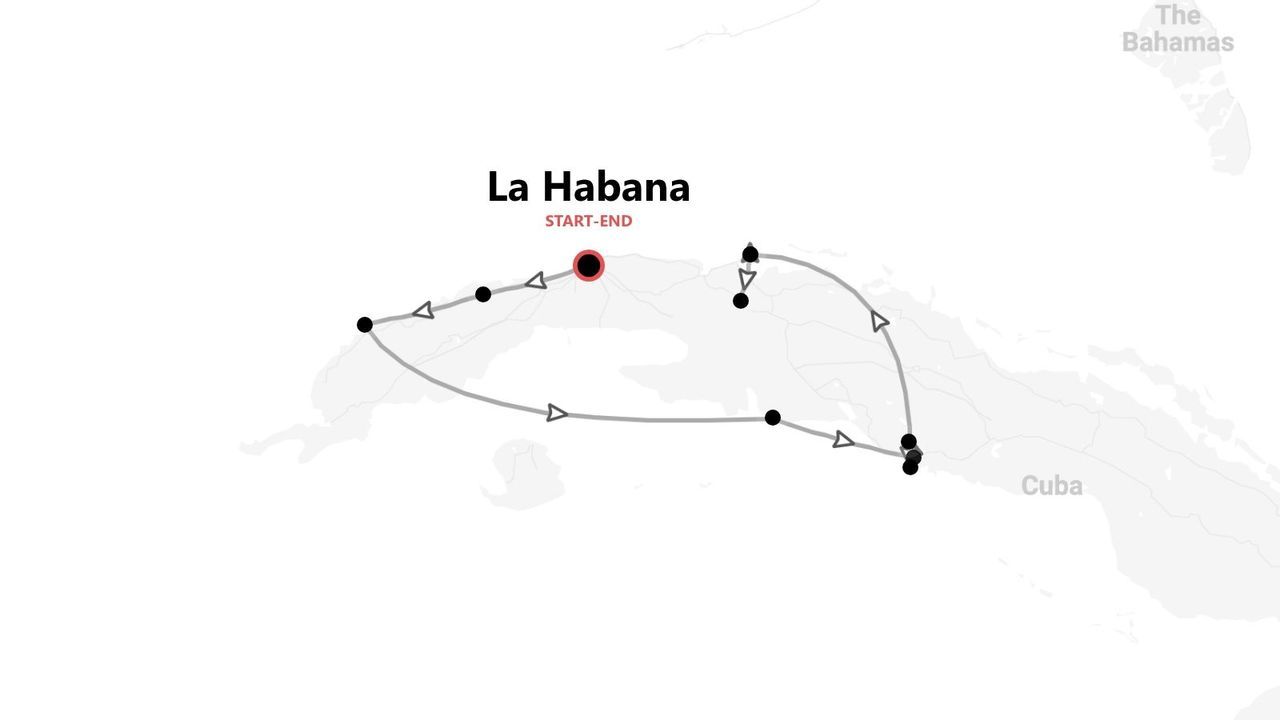 Un mapa que muestra un itinerario de viaje por Cuba, comenzando y terminando en La Habana.