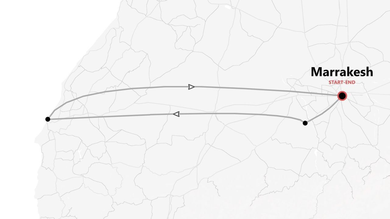 A map showing a round-trip travel itinerary starting and ending in Marrakesh.