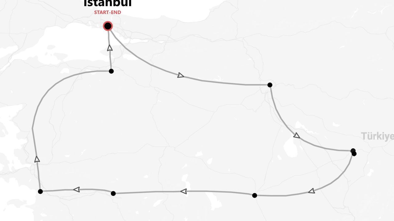 A grayscale map displaying a tour route across Türkiye, with Istanbul marked as the start and end point of the trip.