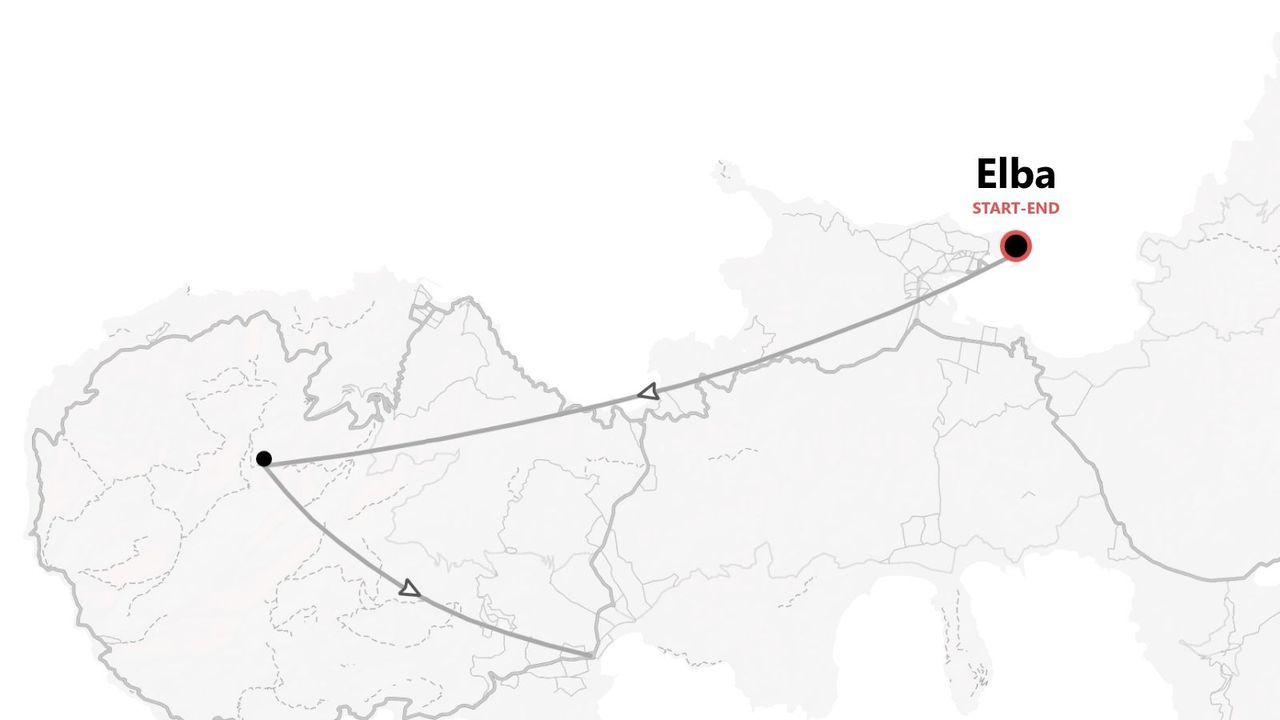 Una mappa stilizzata che mostra un itinerario di viaggio con inizio e fine sull'isola d'Elba.