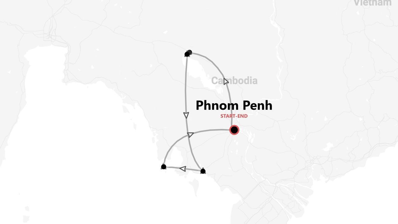 Carte d'un circuit de voyage circulaire au Cambodge, au départ et à l'arrivée de Phnom Penh.