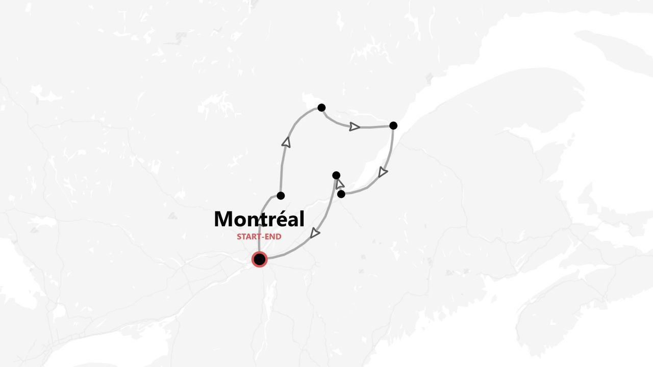Carte minimaliste d'un itinéraire de voyage en boucle à Montréal, Canada, illustré par un chemin circulaire avec des flèches.