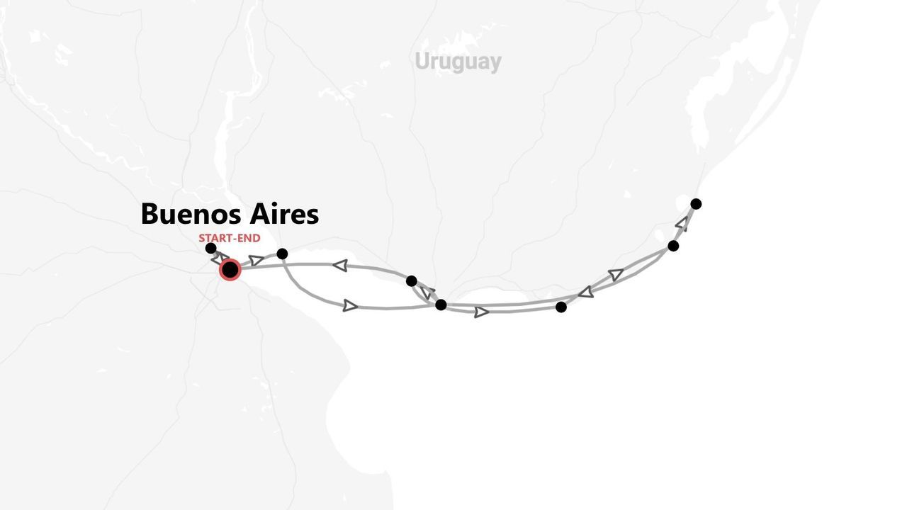Mappa stilizzata di un itinerario di viaggio con partenza e arrivo a Buenos Aires, lungo la costa dell'Uruguay.
