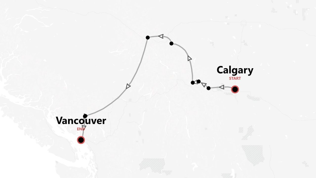 Un mapa minimalista que muestra una ruta de itinerario de viaje que comienza en Calgary y termina en Vancouver.
