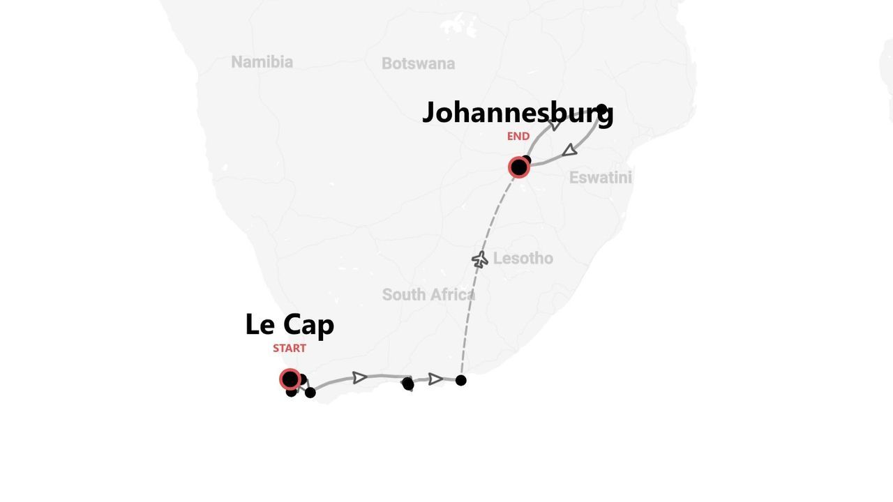 Carte d'itinéraire de voyage en Afrique du Sud, du Cap à Johannesburg, avec des étapes.