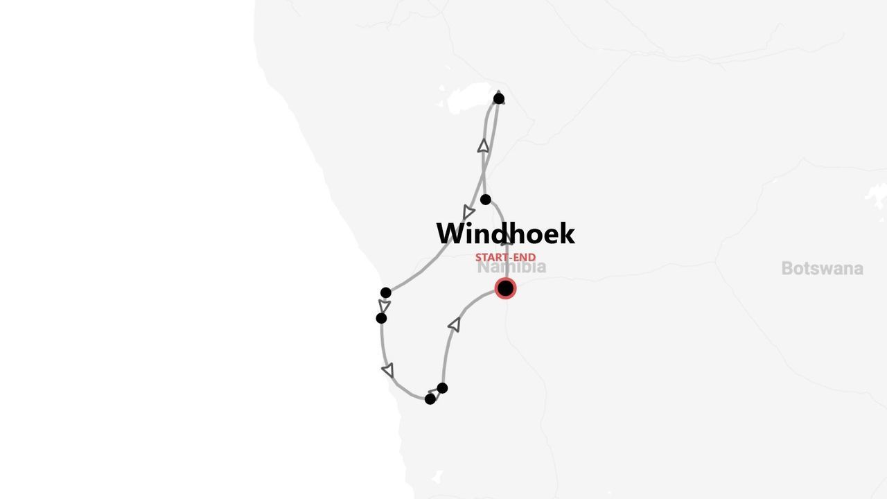 Itinerario di viaggio in Namibia, con partenza e arrivo a Windhoek.