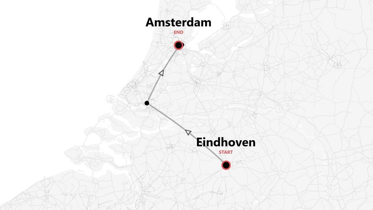 Una mappa che mostra un itinerario di viaggio dal punto di partenza a Eindhoven al punto di arrivo ad Amsterdam.