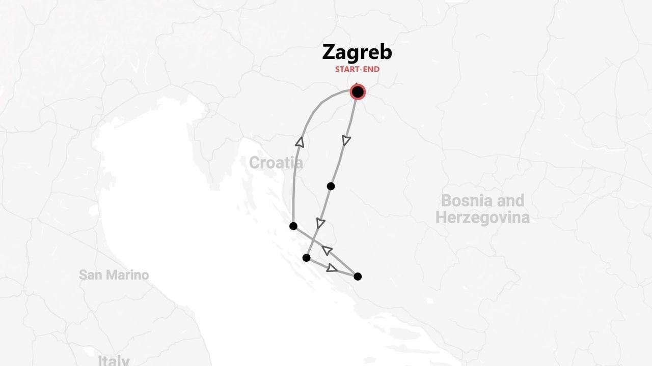 A map showing a travel itinerary starting and ending in Zagreb, with a route that loops through various stops in Croatia.