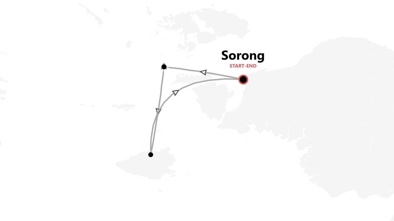 Mappa minimalista che delinea un itinerario di viaggio con tappe multiple, con partenza e arrivo nella città di Sorong.