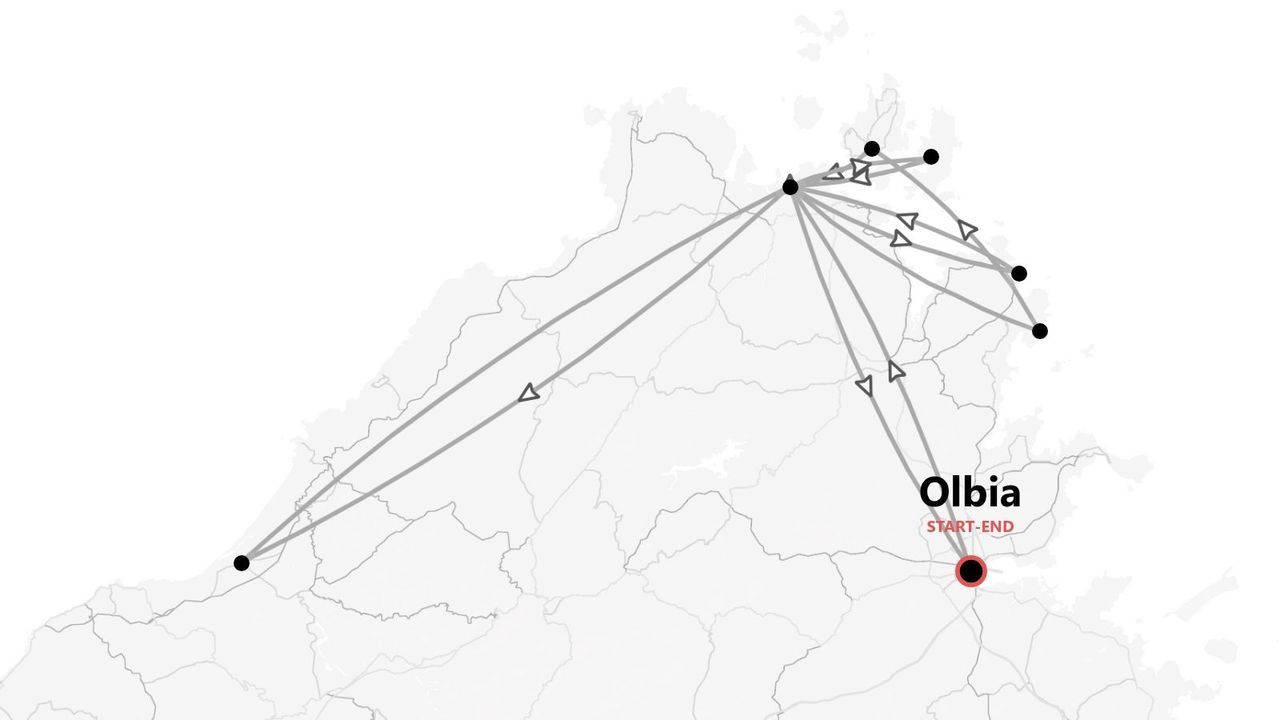 Un mapa minimalista con un itinerario de viaje regional, con inicio y fin en Olbia.