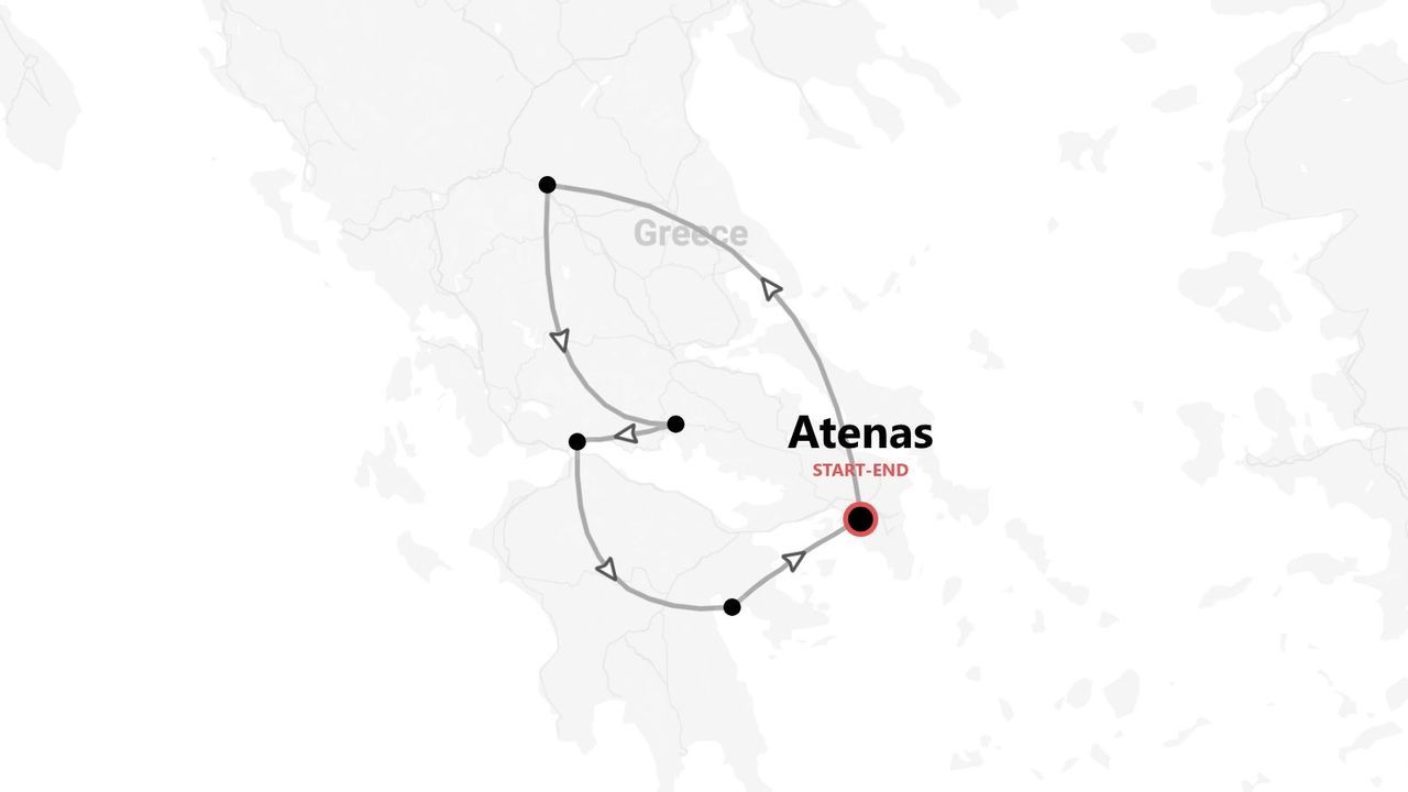 Un mapa de un itinerario turístico por Grecia, con la ruta que comienza y termina en Atenas marcada con un punto rojo.