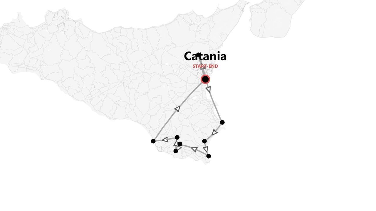Un mapa de Sicilia mostrando un itinerario de viaje que empieza y termina en Catania, recorriendo la parte sureste de la isla.