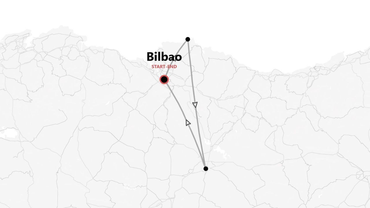 Una mappa grigia e bianca che mostra un itinerario di viaggio con partenza e arrivo a Bilbao, formando un percorso triangolare.