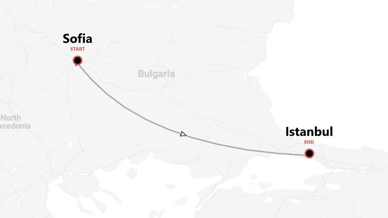 Mappa di un itinerario di viaggio da Sofia, attraverso la Bulgaria, a Istanbul.