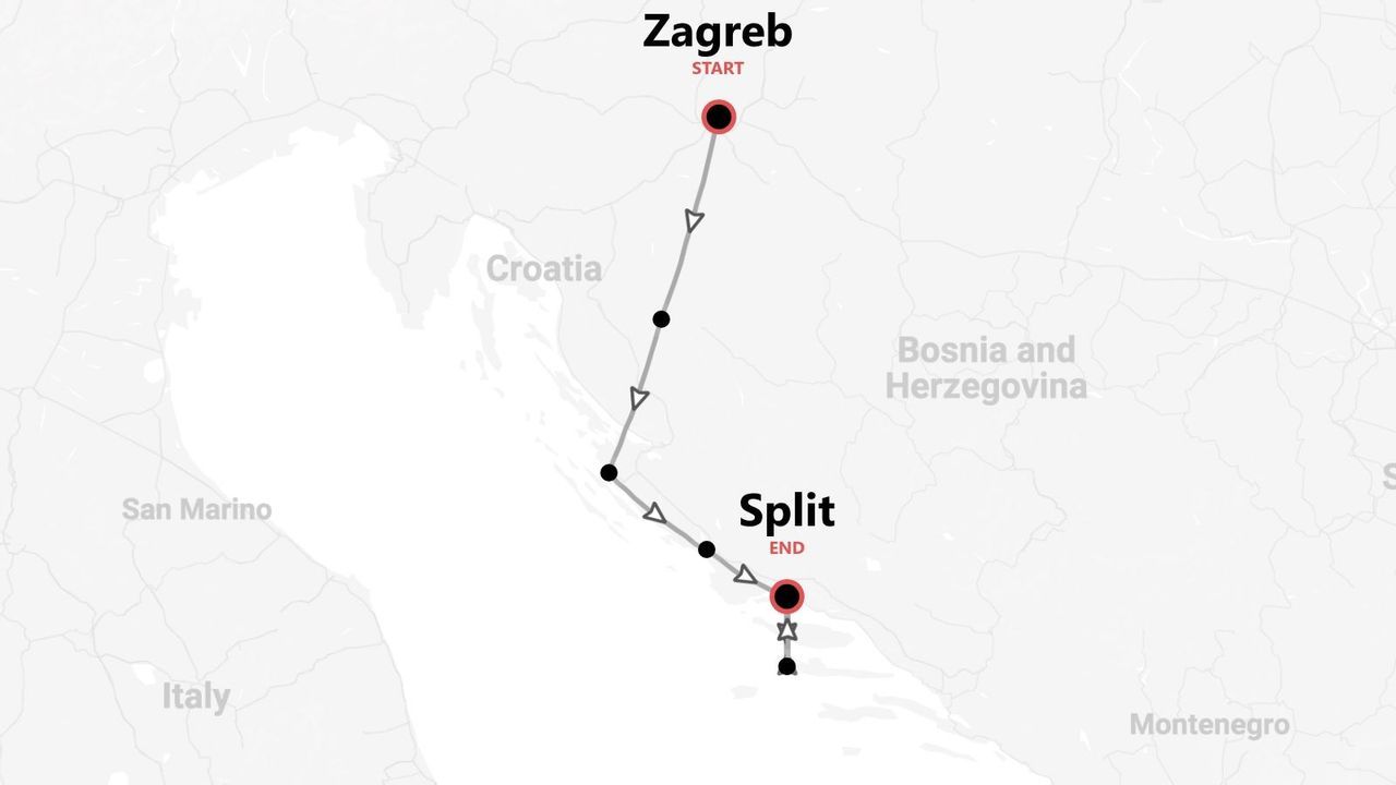 Eine Karte, die eine Reiseroute in Kroatien zeigt, beginnend in Zagreb und endend in Split.
