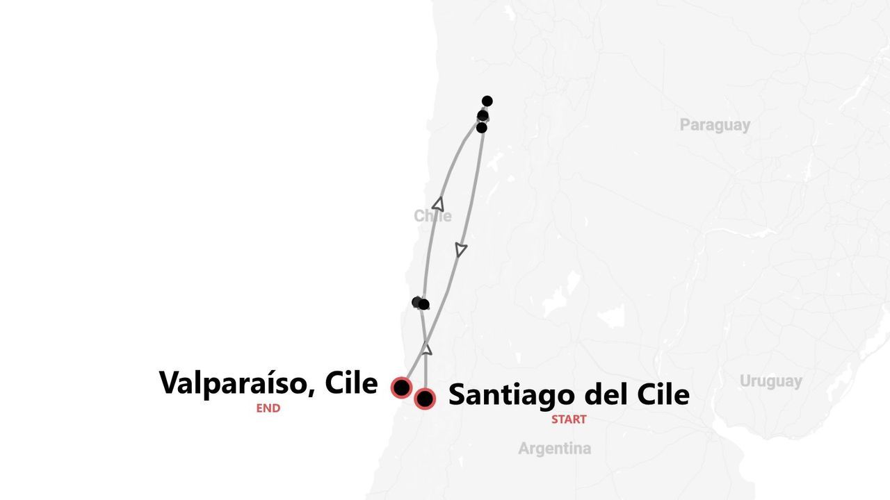 Mappa di un itinerario di viaggio in Cile, da Santiago del Cile a Valparaíso.