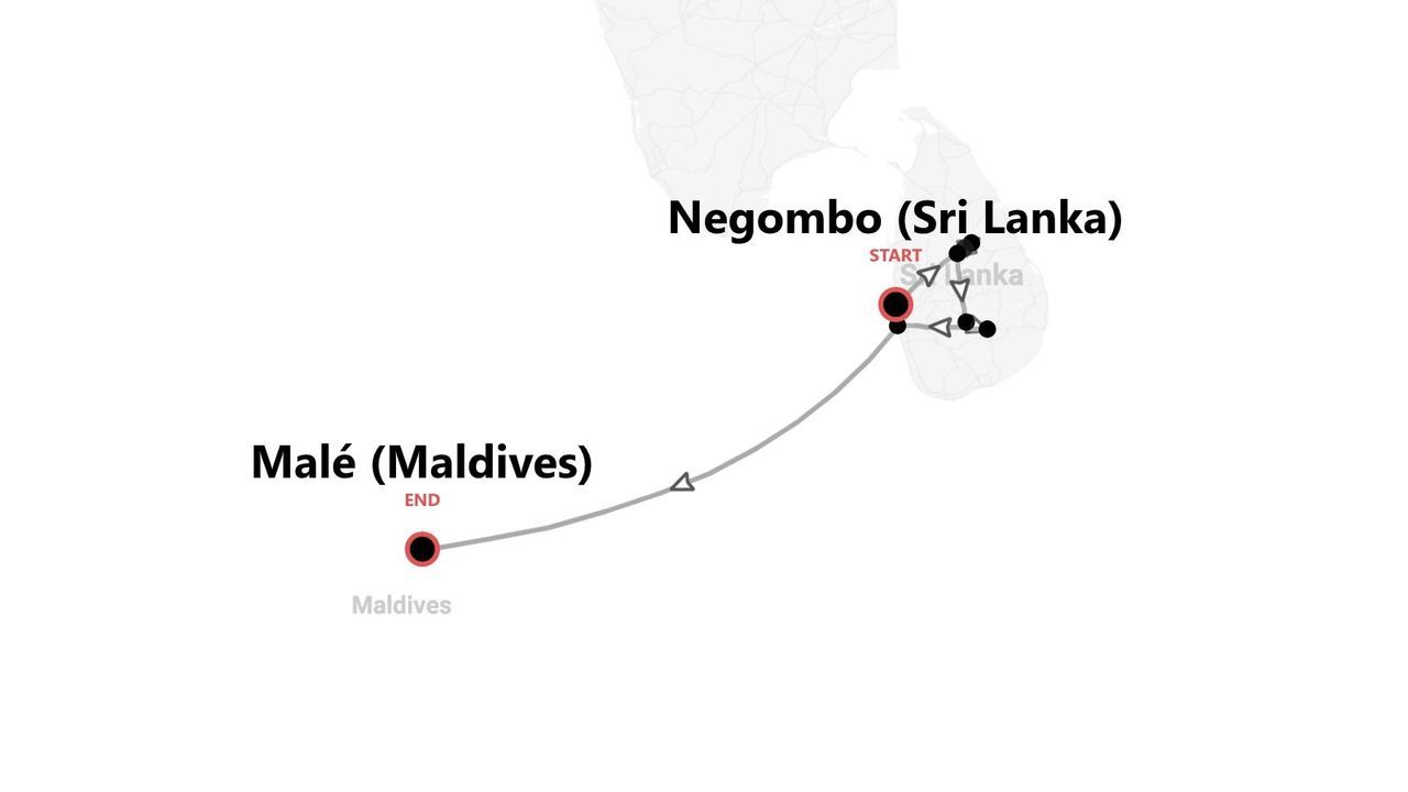 Carte d'un itinéraire de voyage de Negombo (Sri Lanka) à Malé (Maldives).