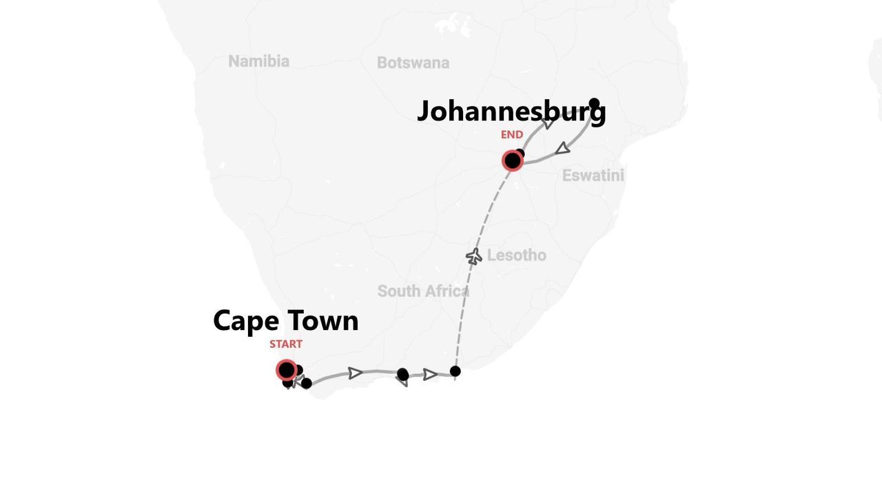 A map of a travel route in South Africa, starting in Cape Town and finishing in Johannesburg.
