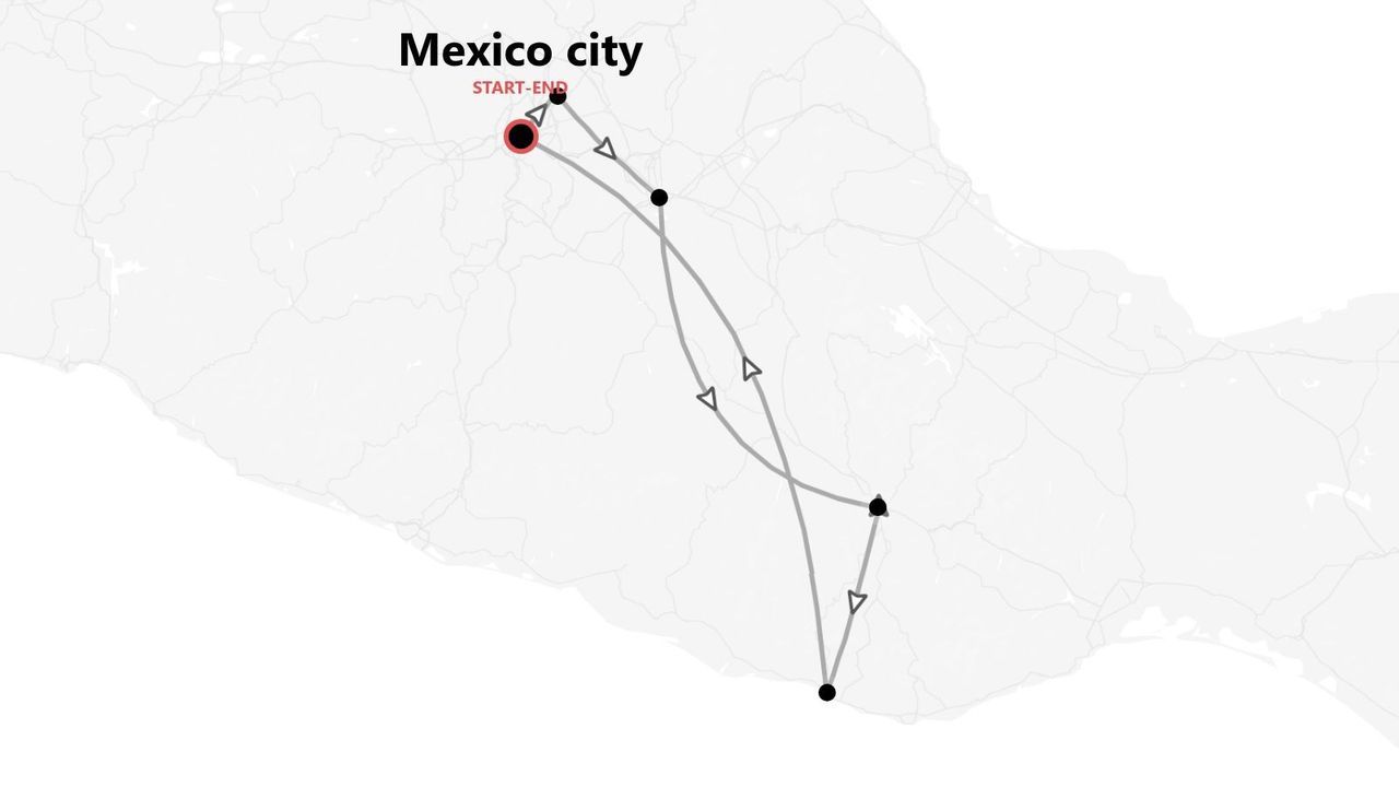 Une carte d'un itinéraire de voyage en boucle au Mexique, commençant et se terminant à Mexico.