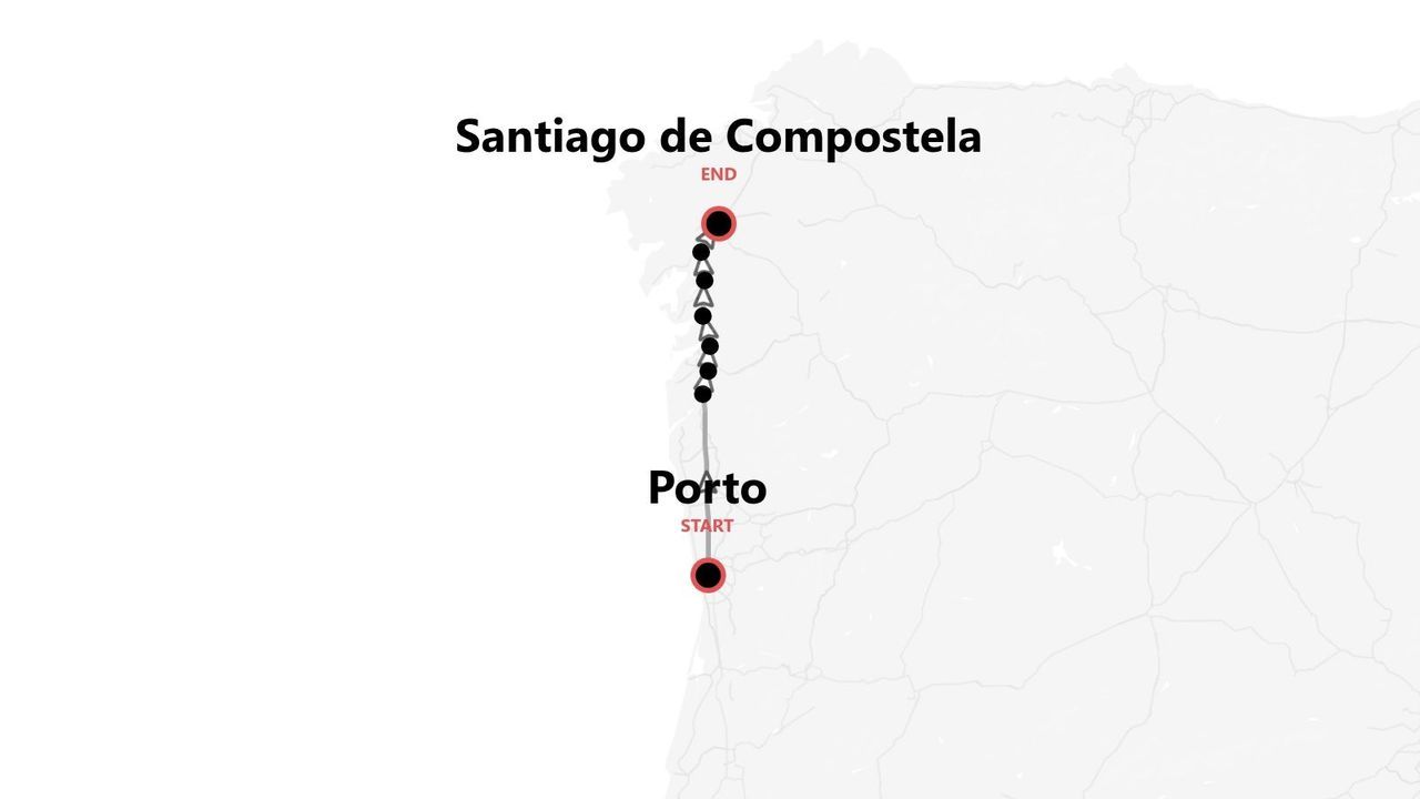 Karte der Reiseroute von Porto nach Santiago de Compostela.