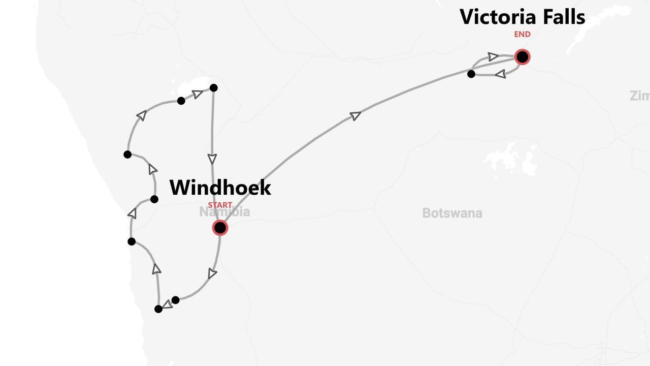 Mappa di un itinerario che parte da Windhoek, Namibia, attraversa il Botswana e si conclude alle Cascate Vittoria.