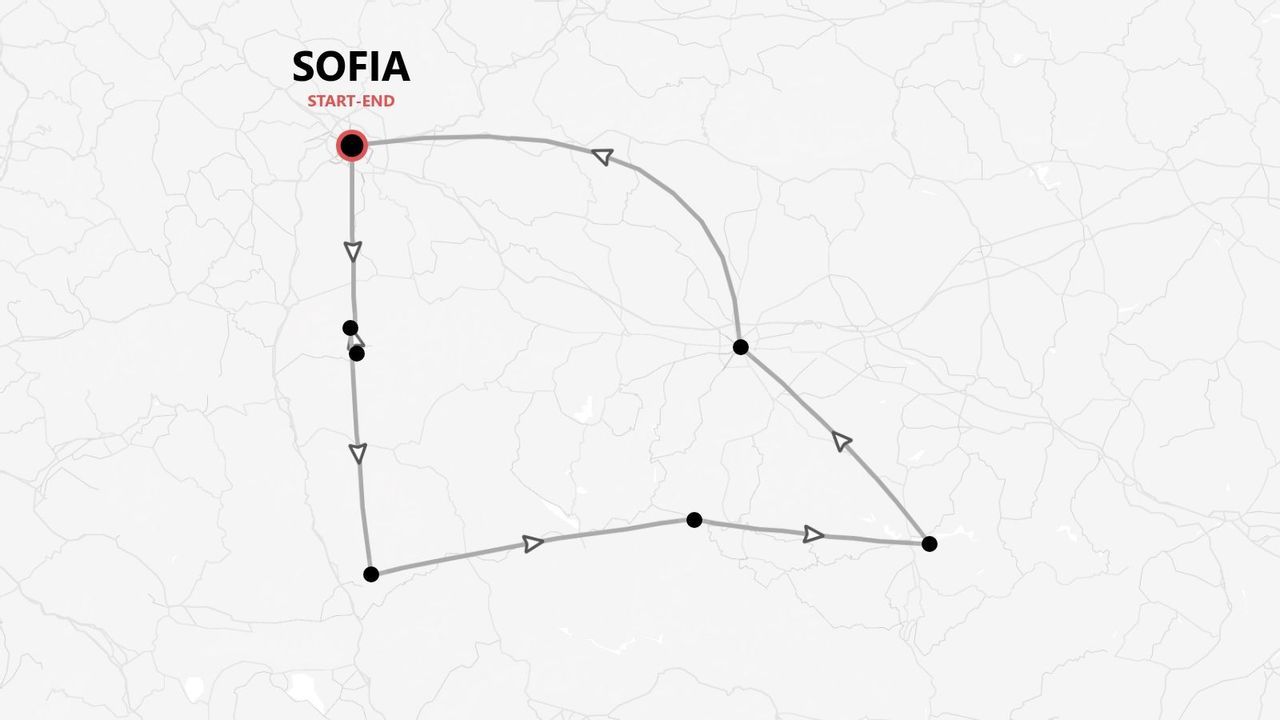 Une carte présentant un itinéraire de voyage en boucle, avec plusieurs étapes, au départ et à l'arrivée de Sofia.