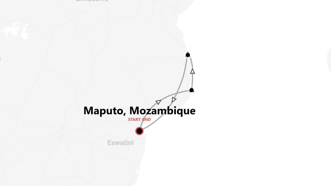 A map outlining a travel itinerary in Mozambique, starting and ending in the city of Maputo.